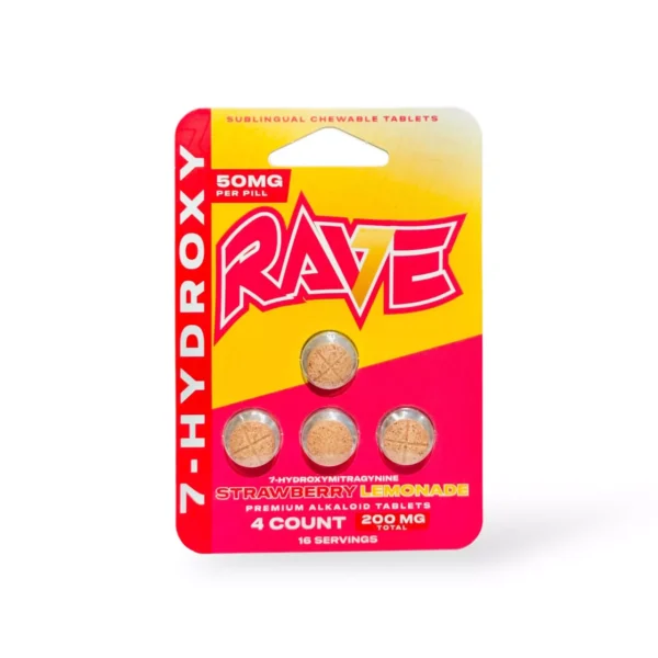 Rave 7-Hydroxy Tablets | 200mg | 16 Servings | 4 x 10 Count Box | STRAWBERRY LEMONADE